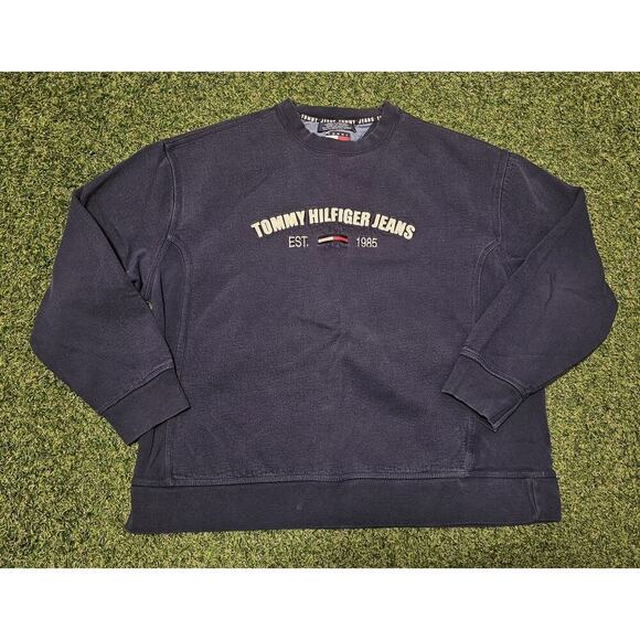 Vtg 90s Tommy Hilfiger Tommy Jeans Embroidered Crewneck Sweatshirt Size L Navy - Picture 1 of 6